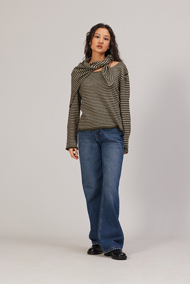 Striped scarf detail knit sweater
