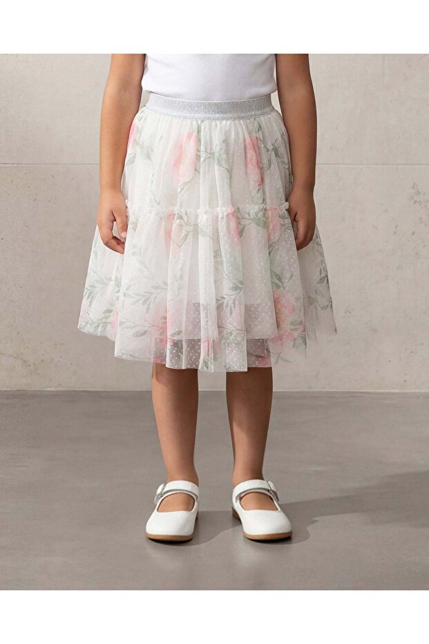 Girls White Rose Allover Print Mesh Skirt