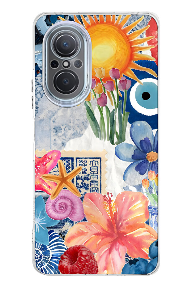 Huawei Nova 9 Se Compatible Transparent Phone Case with Sunflowers and Evil Eye Pattern