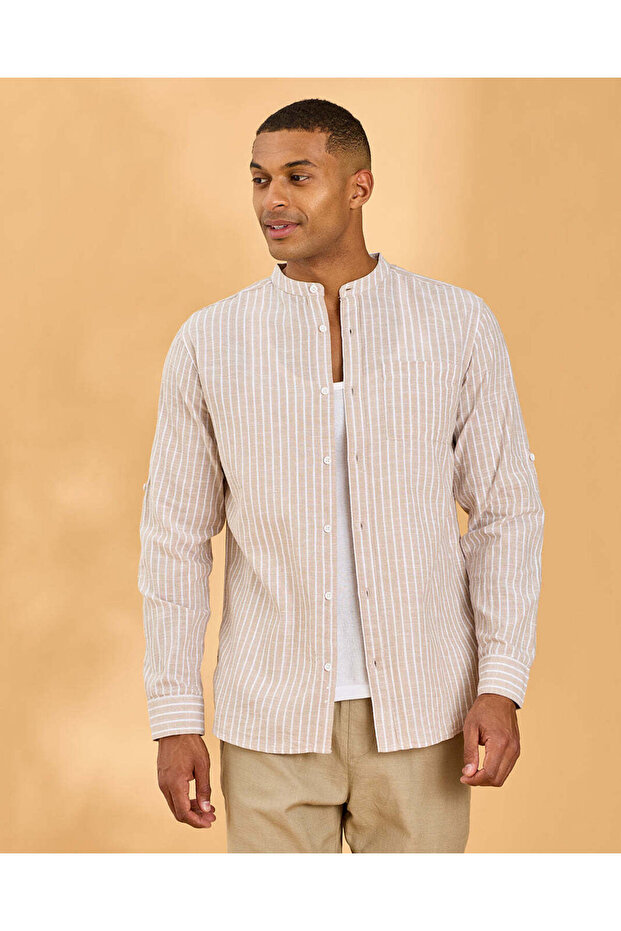 Men Beige Striped Cotton Slub Mandarin Collar Shirt