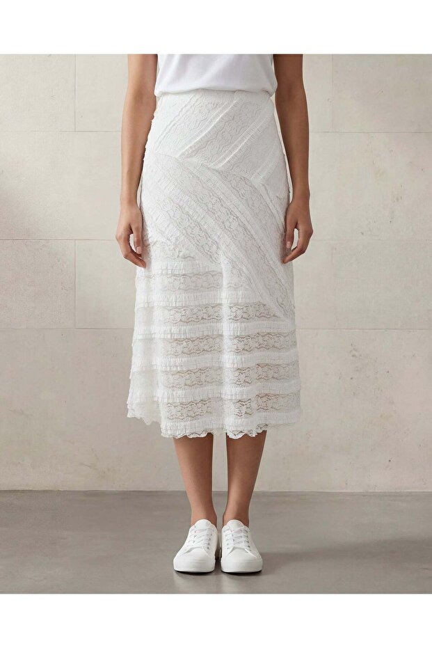 Women White Textured Lace Midi Skirt