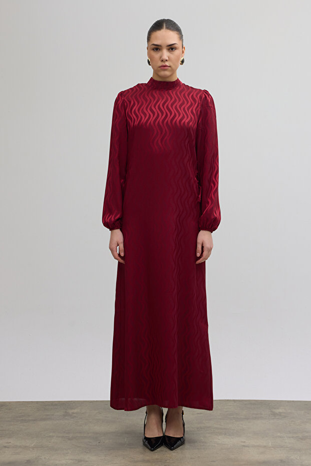 Jacquard Dress with Side Tie Detail - Burgundy