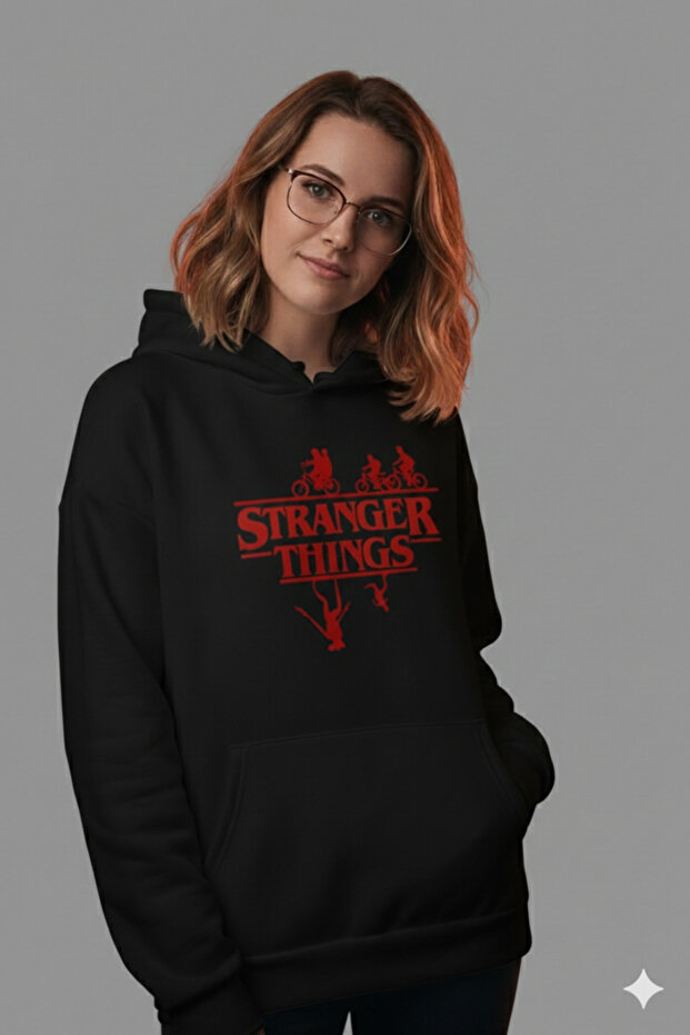 Unisex Stranger Things Printed Black Oversize Hooded Sweatshirt -Hoodie