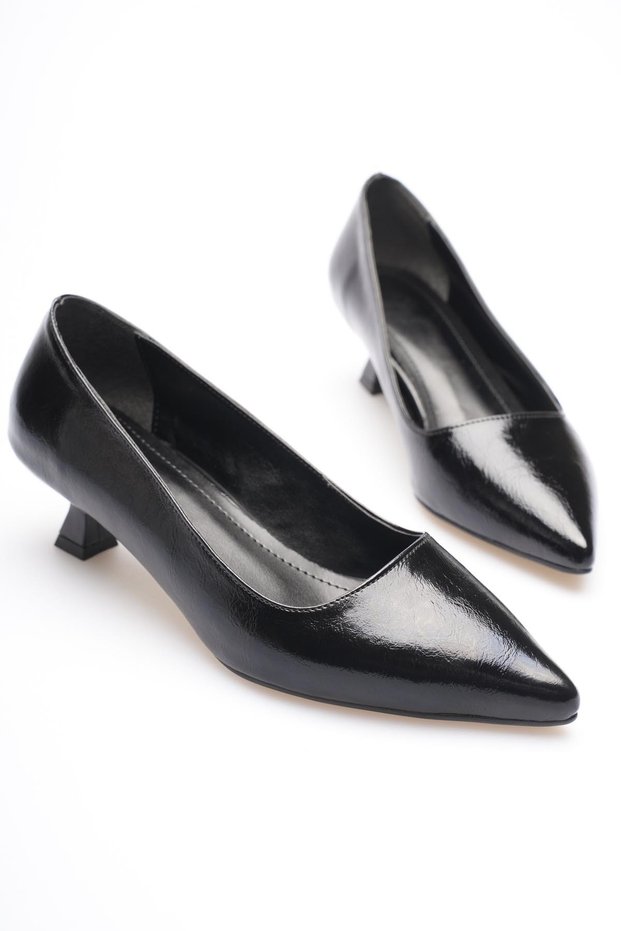 Zr20Ms03 Premium Black Wrinkled Patent Leather Women's Daily Short Heeled Stiletto
