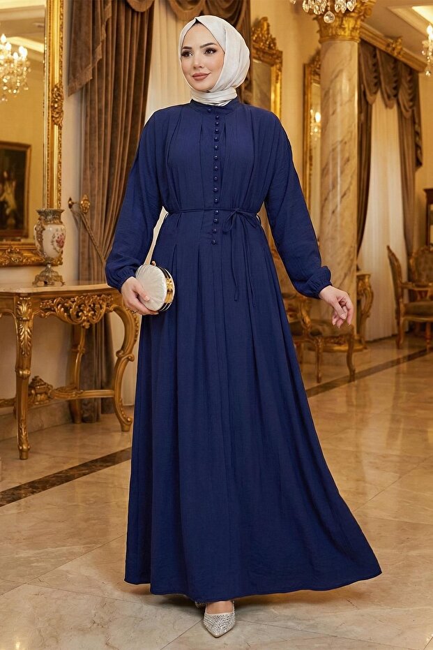 Esila Lace-Up Britli Hijab Dress Navy Blue Hm2884