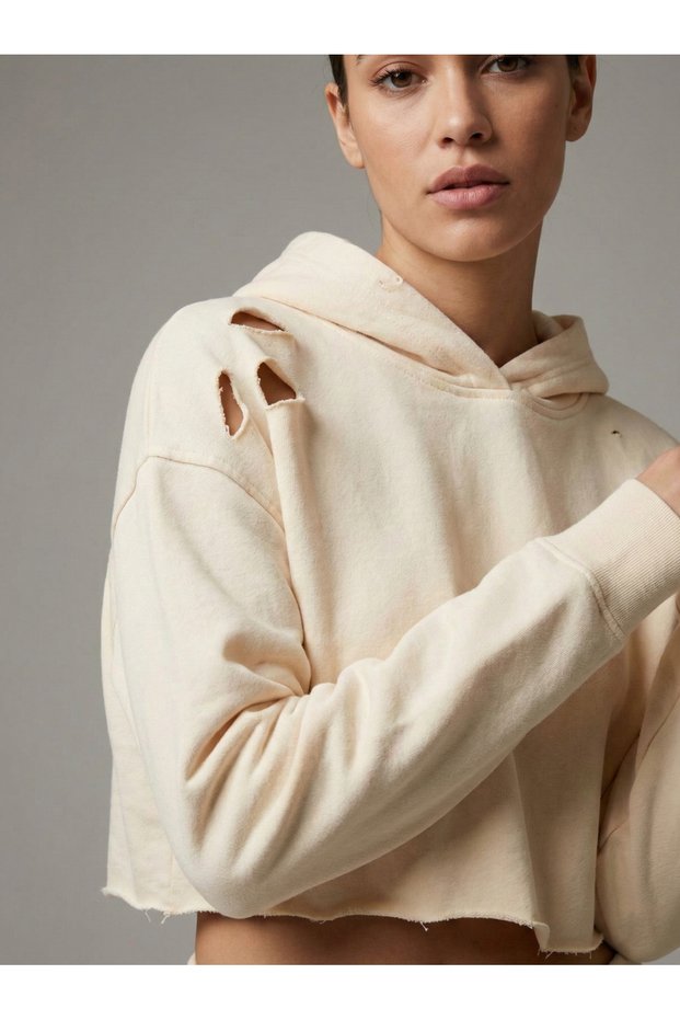 Women's Cream Ripped Detailed Crop Sweatshirt Nj96