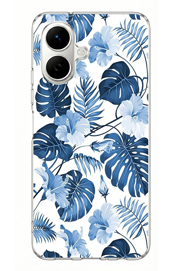 حافظة سيليكون مطبوعة بنمط أوراق وزهور زرقاء متوافقة مع هاتف Infinix Smart 10 - 1