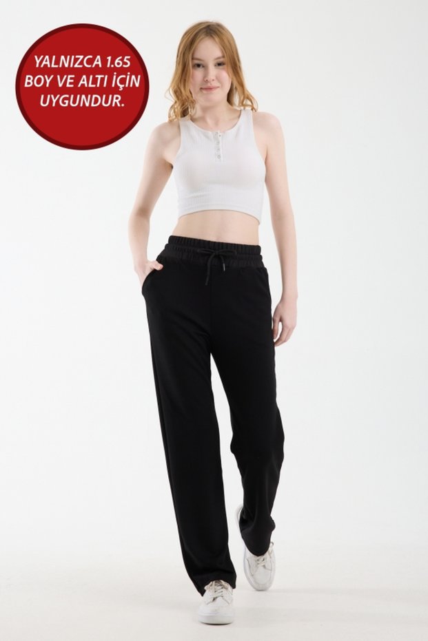 Women's Black Straight-Leg Modal Fabric Sweatpants with Waist Tie and Pockets (Suitable for Height 1.65 and Below)