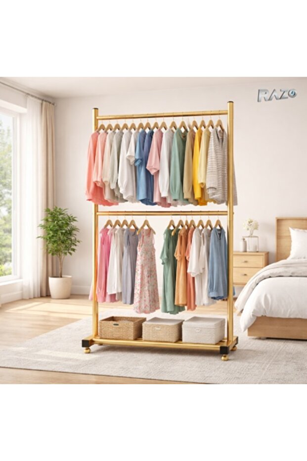 RAZO vertical clothes rack, Metal, Foldable, 2 hanger bars, Lower shelf, Capacity 50 kg - 2