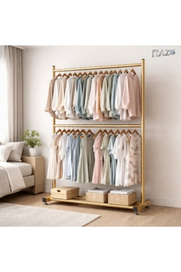 RAZO vertical clothes rack, Metal, Foldable, 2 hanger bars, Lower shelf, Capacity 50 kg - 6