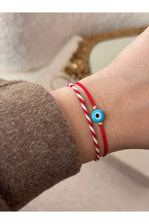 Marteniçka Double Blue Evil Eye Beaded Bracelet Adjustable Lucky Bracelet Set