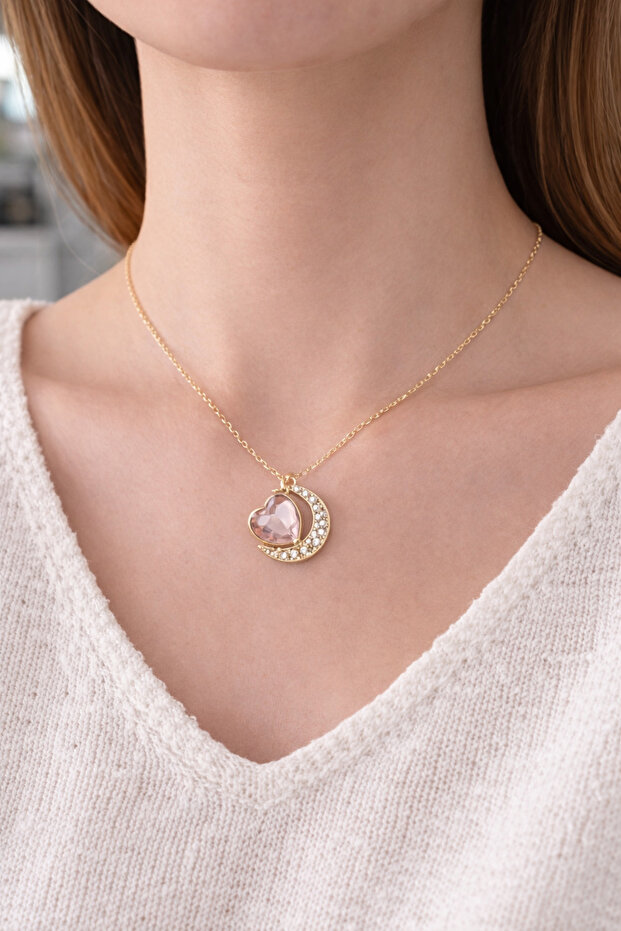 Moon & heart motif luxury stainless steel necklace with stone