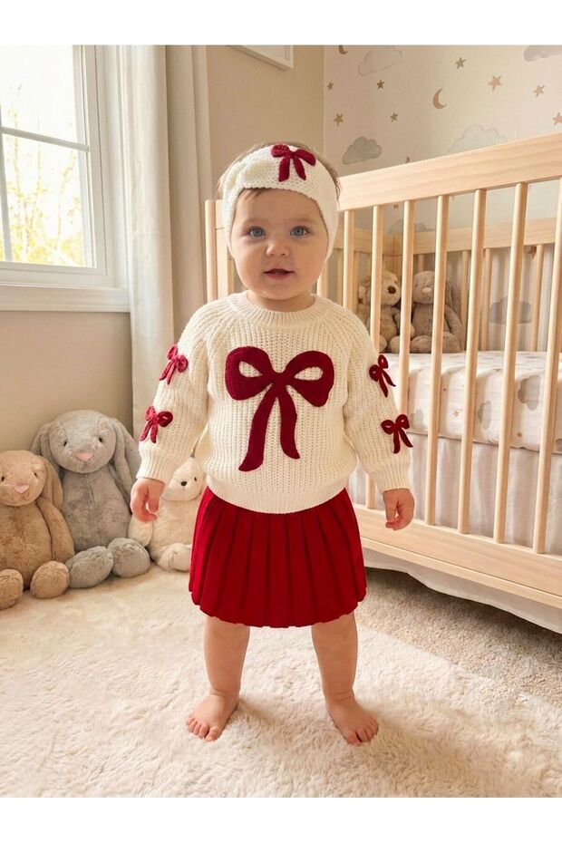 Baby Girl Knitwear Set with Bow, Skirt and Bandana, 3-Piece Festive Stylish Set Yk1838Gns