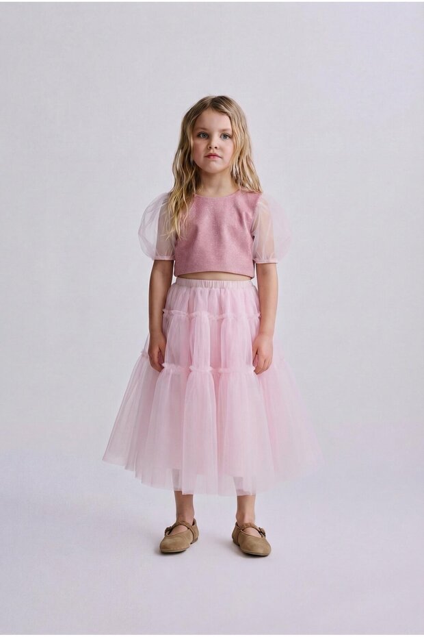 Girl's Cotton Glitter Tulle Sleeve Blouse and Layered Tulle Skirt Set