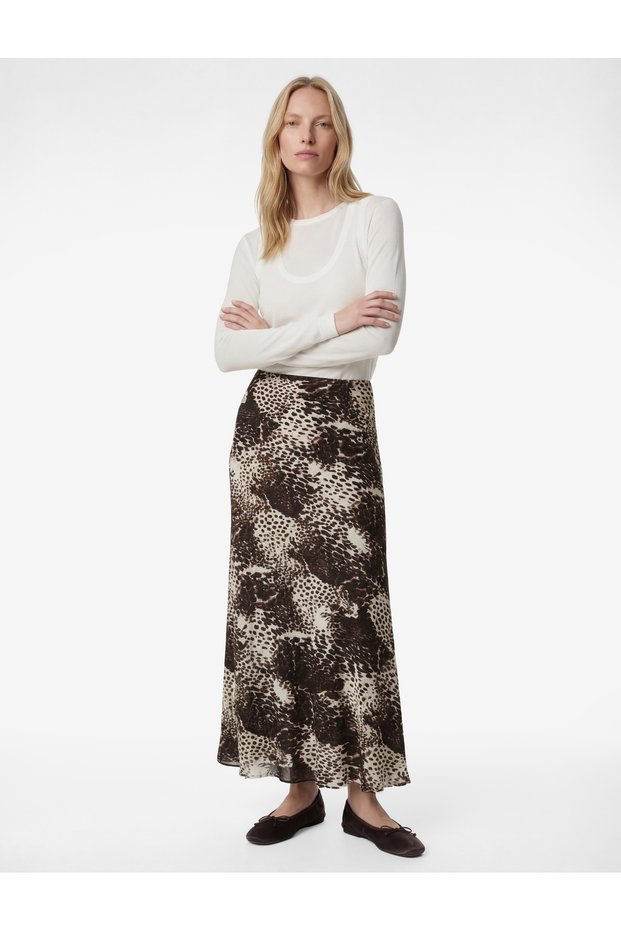 Bell Cut Leopard Patterned Midi Satin Skirt