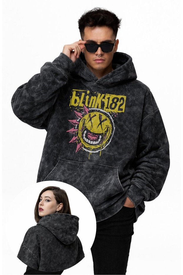 Unisex Blink-182 Printed Hooded Washable Sweatshirt, Oversized Rock Band Themed Vintage Hoodie
