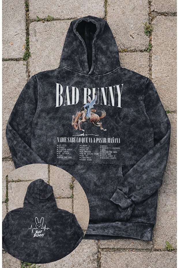Unisex Bad Bunny Printed Hooded Washable Sweatshirt, Oversized Rap Music Themed Hoodie