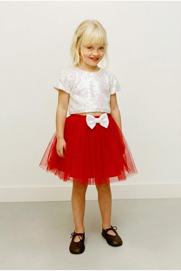 Girl's Cotton Ecru Sequined Crop Top and Red Tulle Skirt Set