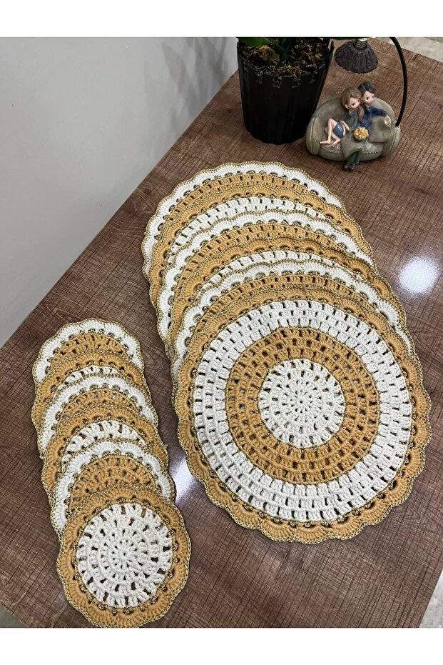 Hand Knitted Placemats / American Service / Plate and Cup Coasters Set of 12