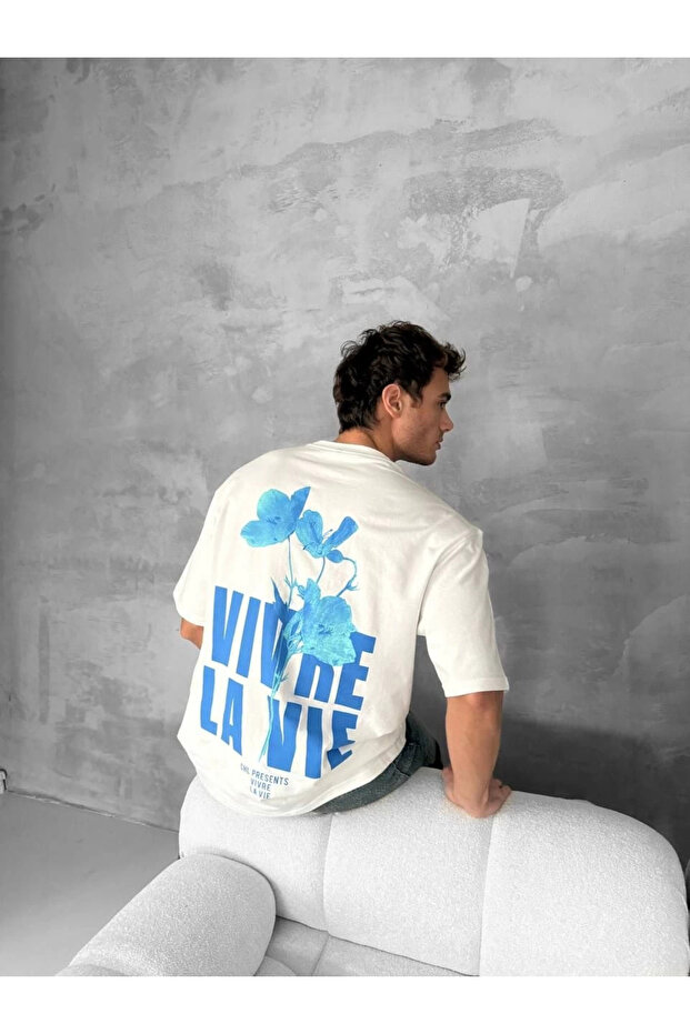 تي شيرت رجالي بأكمام قصيرة من الأمام والخلف مطبوع بقصة واسعة وياقة دائرية - أبيض - 4