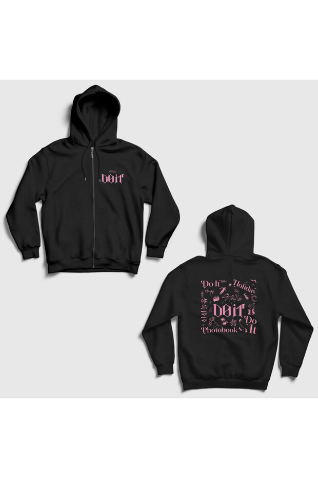 Unisex Black Do It Doit Skz Stray Kids Back Printed Zippered Hooded Sweatshirt 602648Tt
