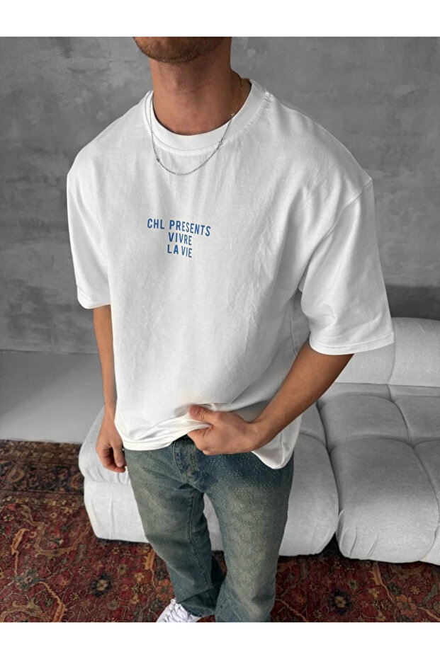 تي شيرت رجالي بأكمام قصيرة من الأمام والخلف مطبوع بقصة واسعة وياقة دائرية - أبيض - 3