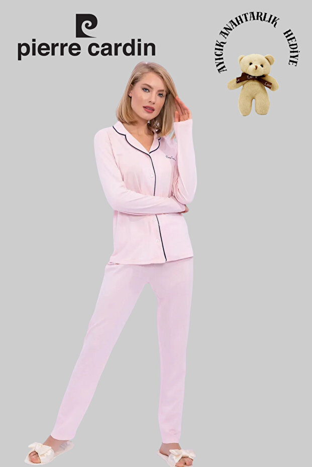 Powder Salmon Modal & Cotton, Long Sleeve, Front Buttoned, Women's Pajama Set (Teddy Bear Keychain Gift)