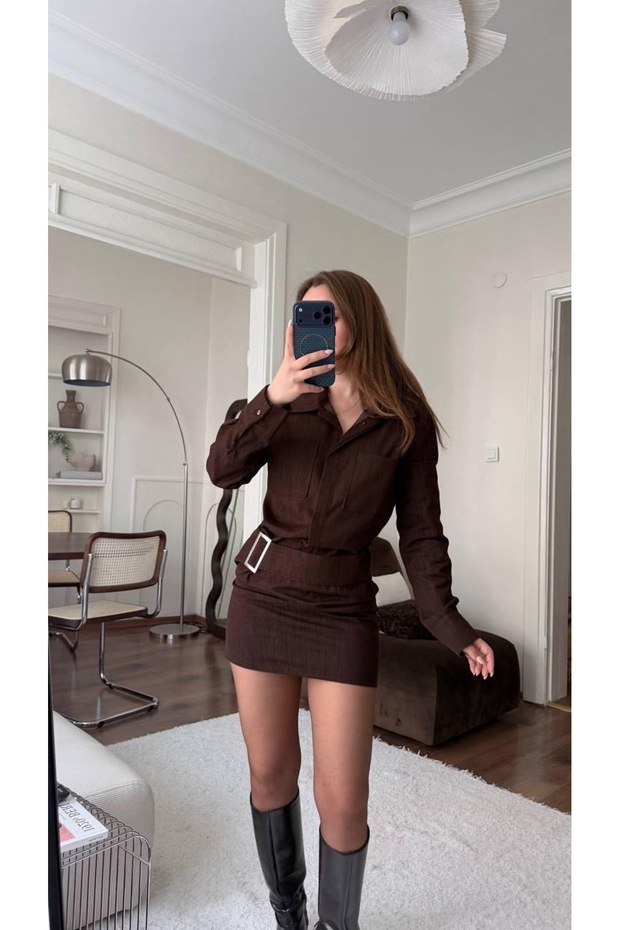 Kemerli Drapeli Denim Elbise - 1