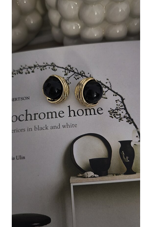 Round Black Stone Look Earrings with Half Gold Edge Detail