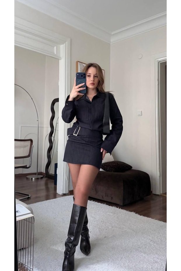 Kemerli Drapeli Denim Elbise - 5