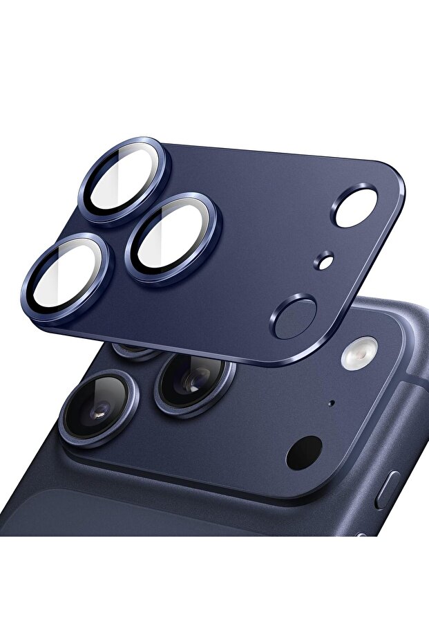 iPhone 17 Pro Compatible One-Piece Metal Frame Camera Lens Protector Full Coverage Tempered Glass-Navy Blue