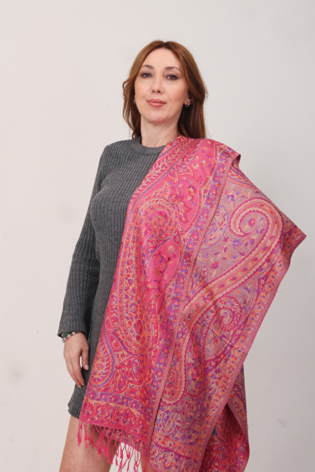 Shawl 100% Silk Double-Sided Coral Fuchsia Multi Shawl (70X190 cm)