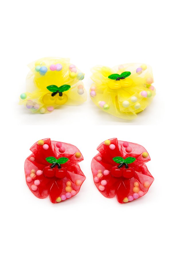 Cherry Figured Tulle Bow Hair Clip Set of 2 – Girls' Pink & Yellow Ribbon Clip Hair Clip