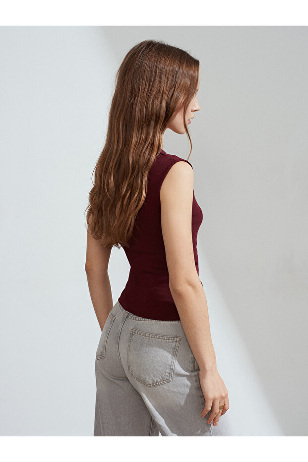 21054 Büzgülü Basic T-Shirt-Bordo - 2