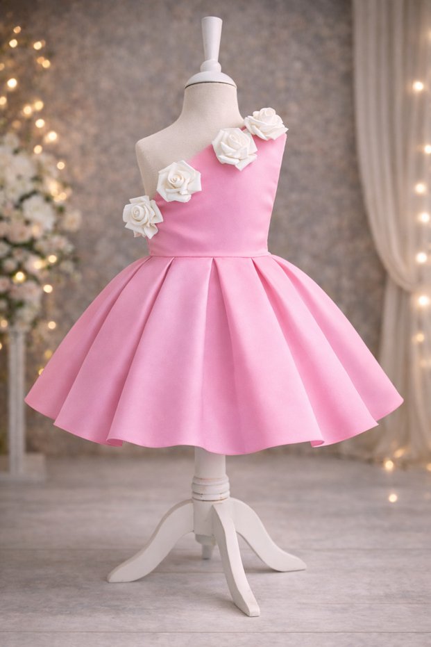 Special Design Rosalia Model Pink Color Sleeveless Rose Accessory Detailed Girls' Evening Dress