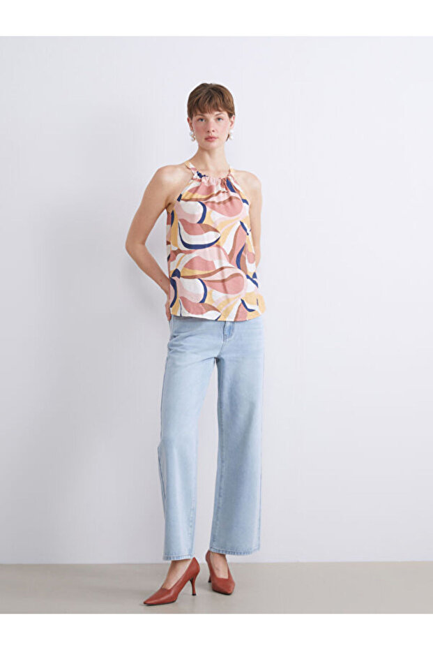 Halter Collar Patterned Blouse - 2