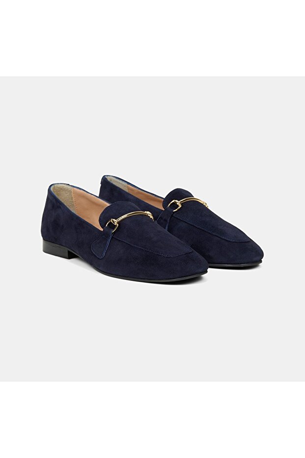 Women's Navy Blue Metal Gold Buckle Suede Leather Loafer
