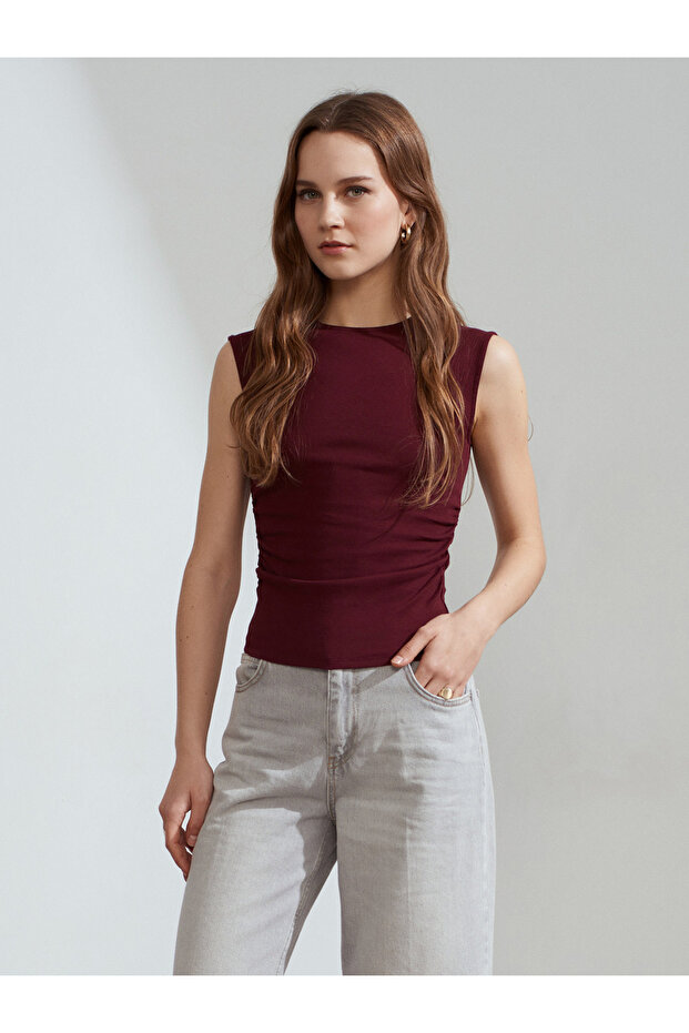 21054 Büzgülü Basic T-Shirt-Bordo - 3