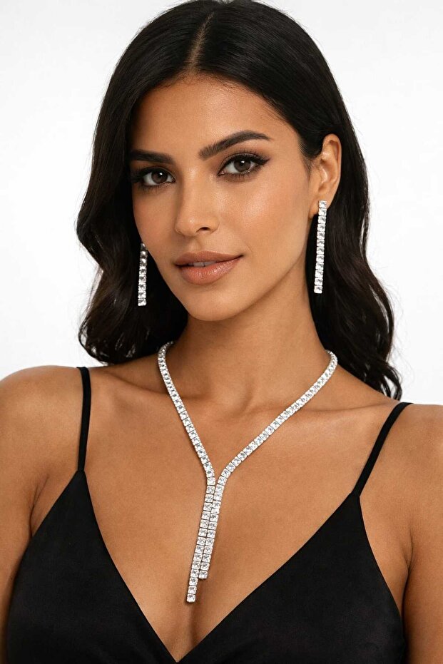Silver Color Model Waterway Zircon Stone Necklace Earring Set