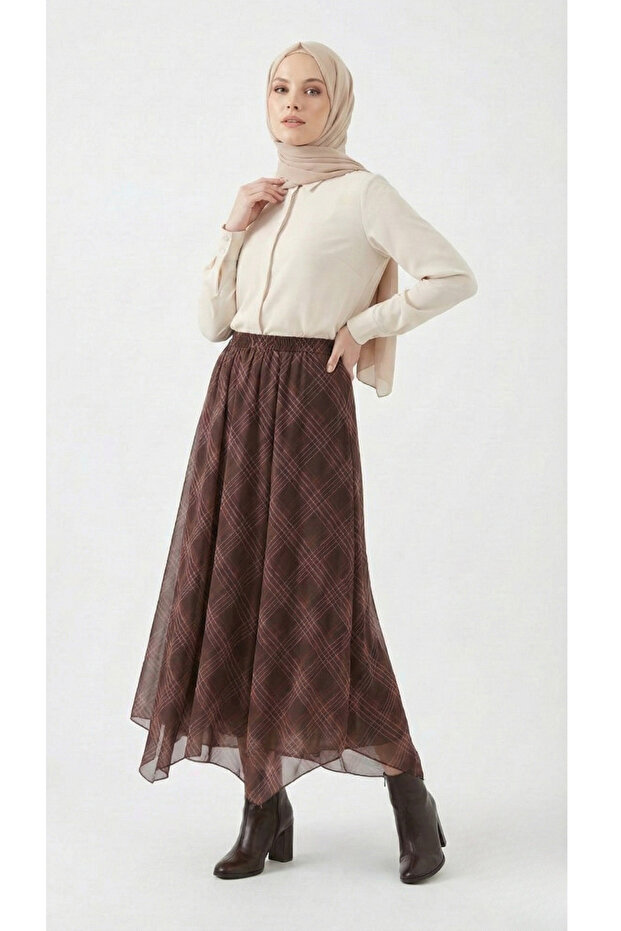 Asymmetrical Cut Comfortable Fit Maxi Plaid Patterned Chiffon Elastic Waist Non-See-Through Lined Long Skirt