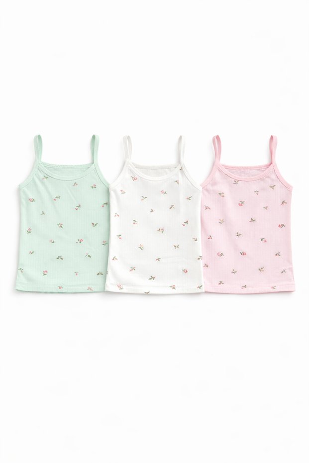 Girls' Strappy Tank Top 3-Piece Set (Ages 3–12) – Floral Pattern, Cotton, Organic Touch Underwear