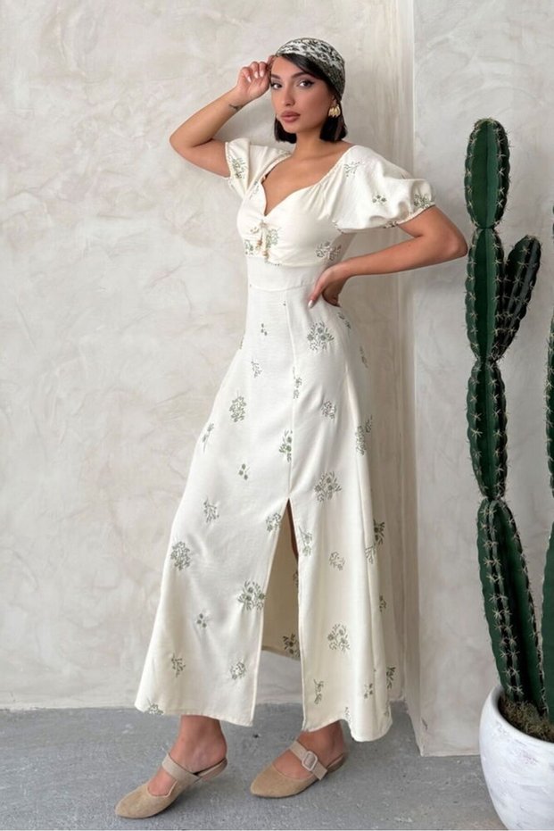 Rochie din in brodat - Kaki | Elb2901