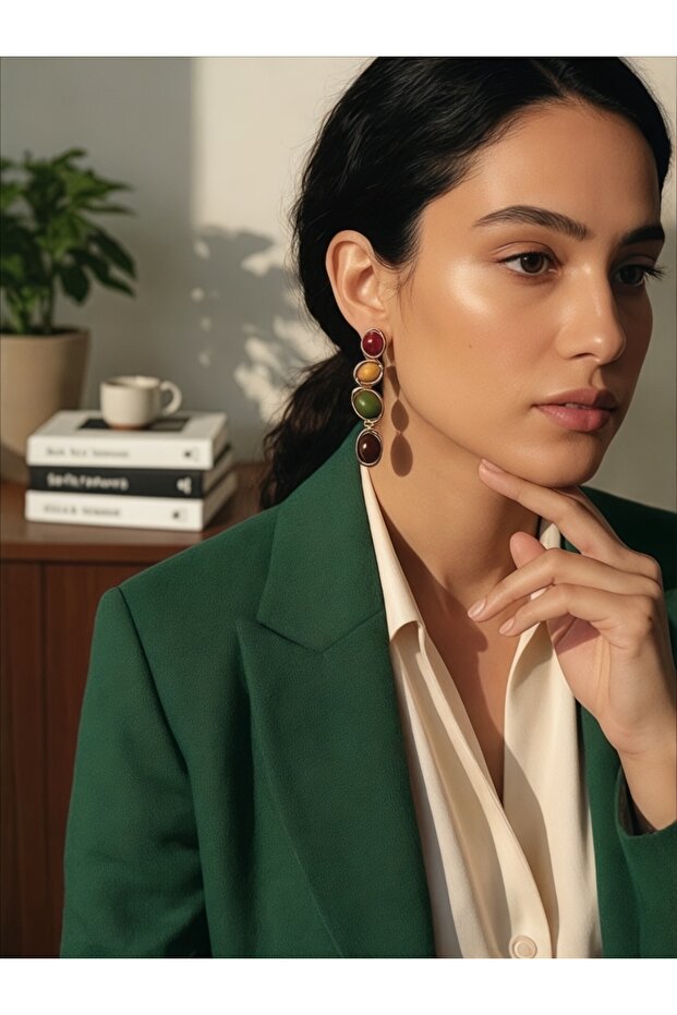 Women's Special Series Colorful Natural Stone Dangle Gold Earrings