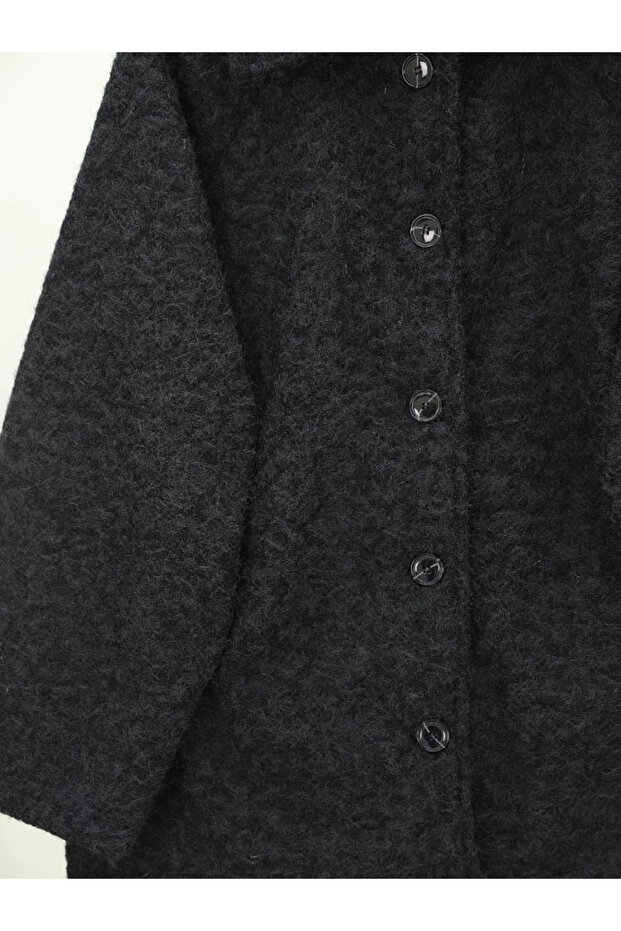 Double pocketed, buttoned front lined boucle coat - black - 2