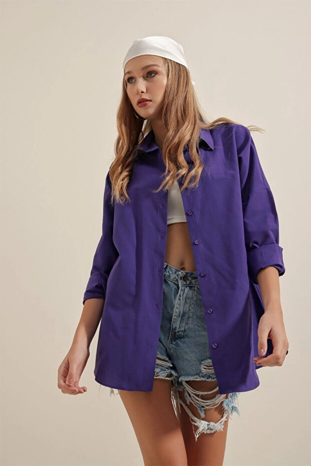 3900 Oversize Long Basic Shirt - Purple - 4