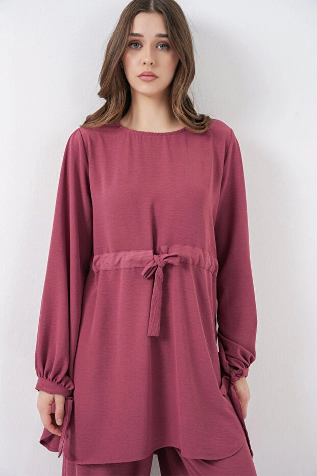 طقم بنطلون وسترة طويلة من قطعتين 6719 - وردي باهت - 2