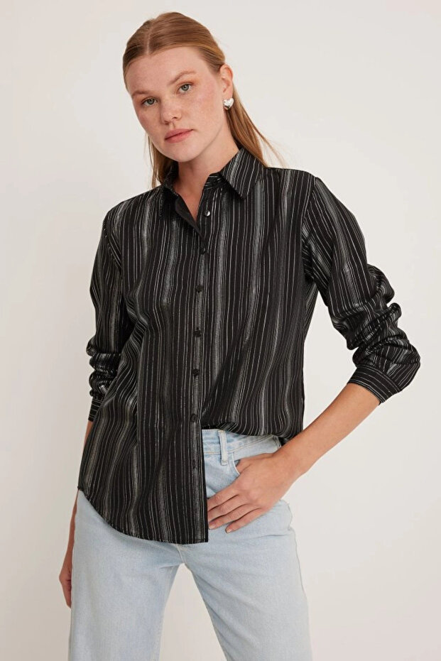 Black Striped Foil Patterned Shirt 20253 - 4