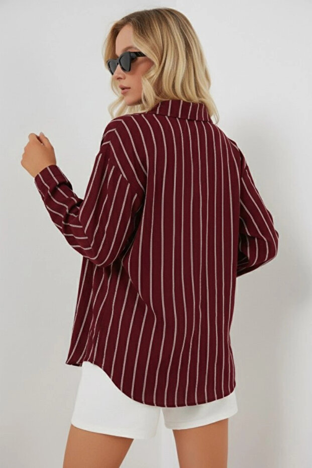Çizgili Oversize Gömlek 20293 - Bordo - 3