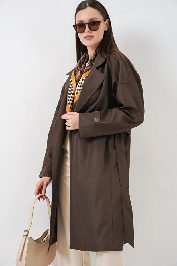 معطف طويل بياقة مزدوجة 5987 - بني - 4
