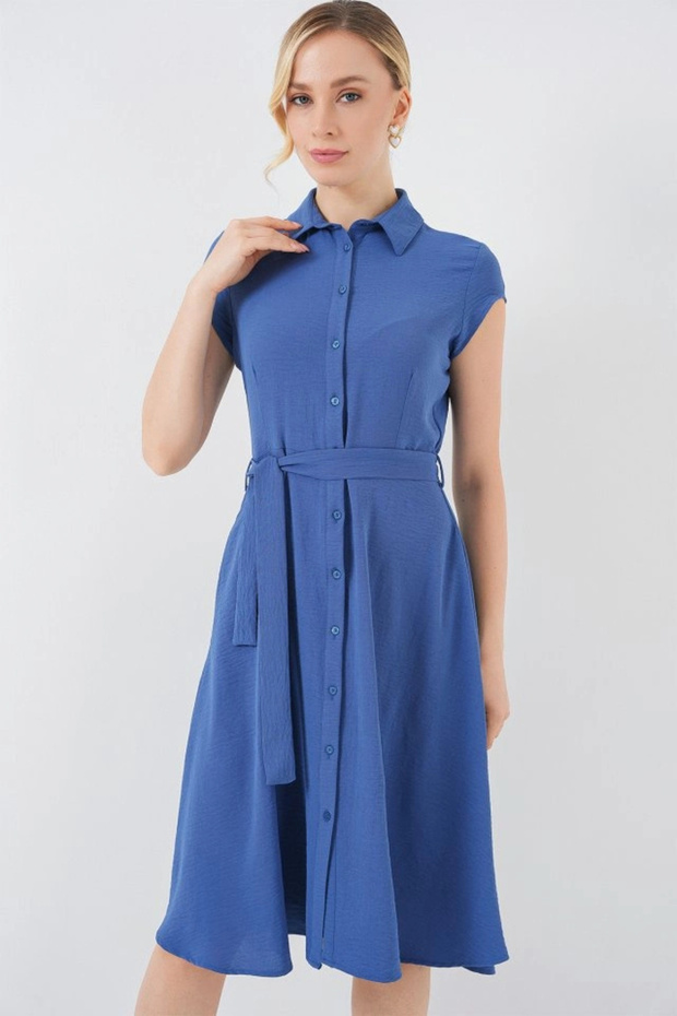 1677 Full Length Buttoned Belted Dress - Indigo - 4